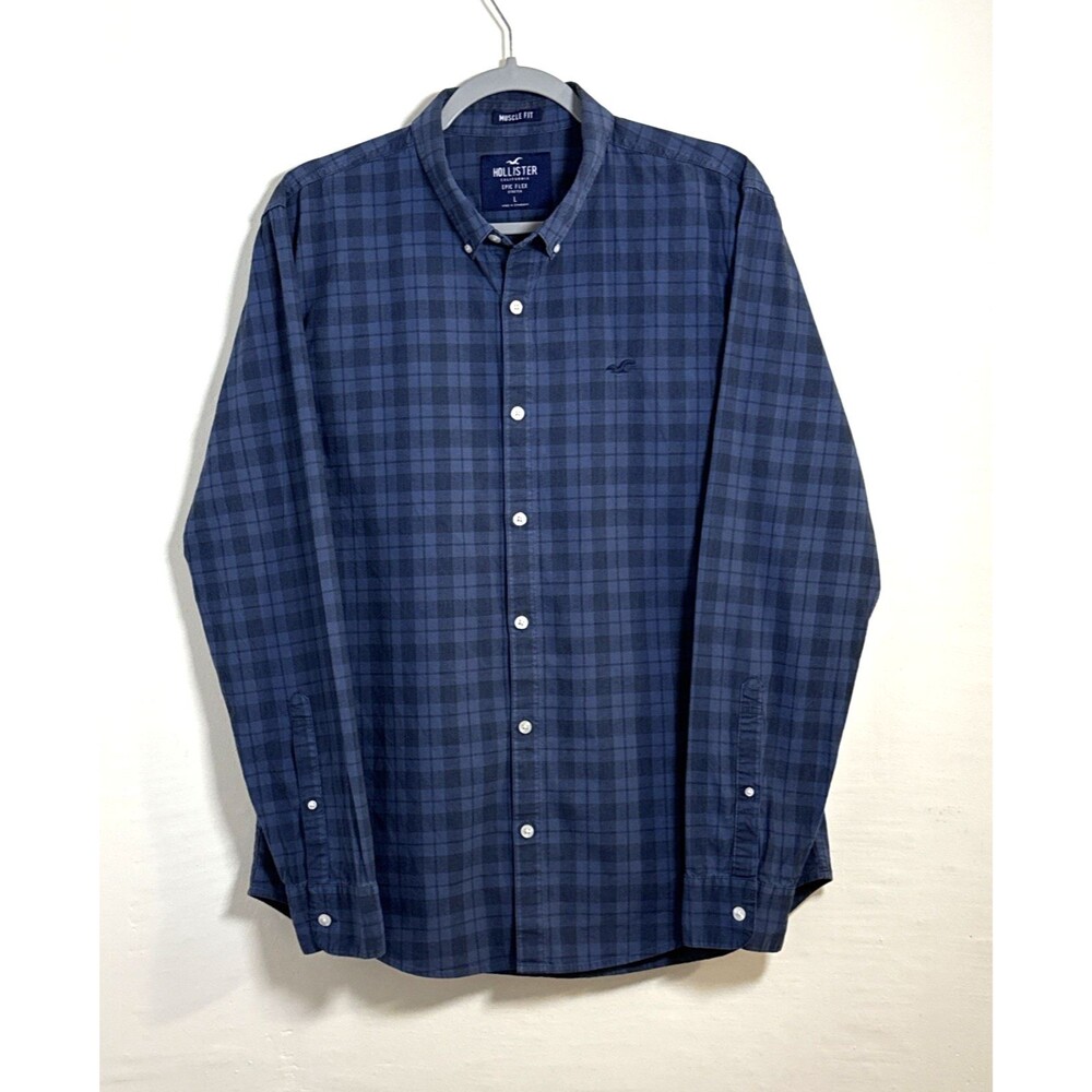 Hollister Epic Flex Stretch Blue checked Long Sleeve Button Up Shirt  Men's L